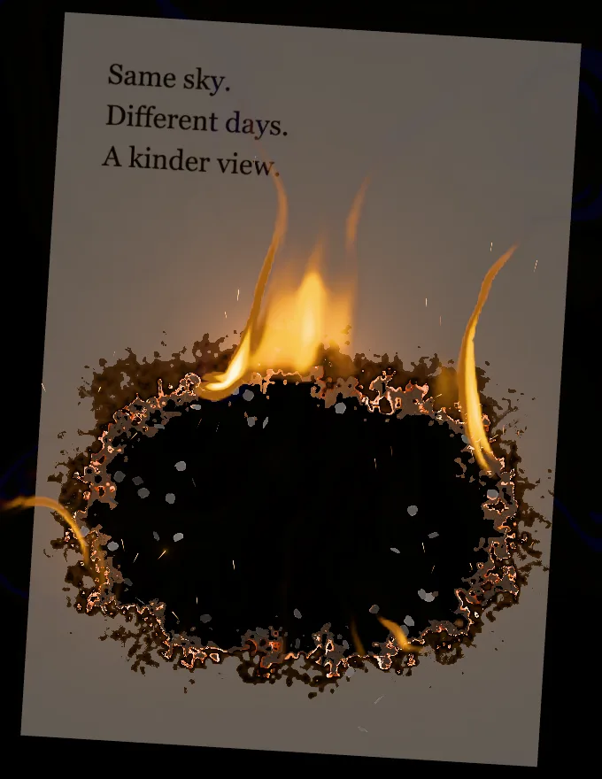 The same sheet burning at its height, lit warm by its own flames
