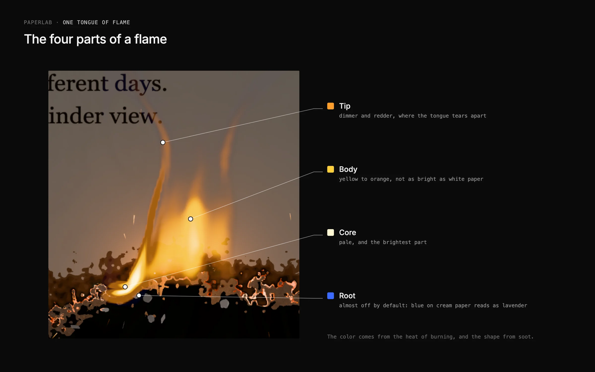 A real tongue of flame from the renderer with its four parts labeled: tip, body, core and root